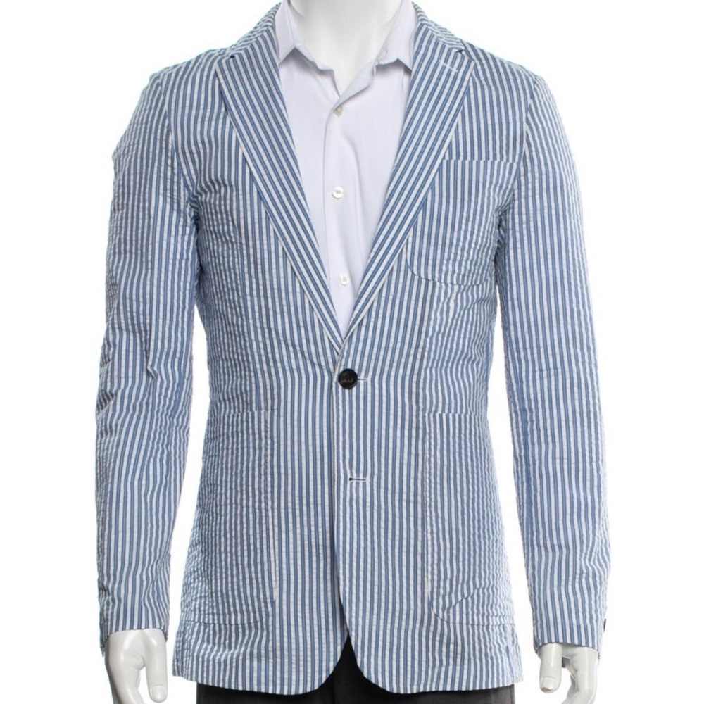 Burberry Blue and White Striped Seersucker Jacket